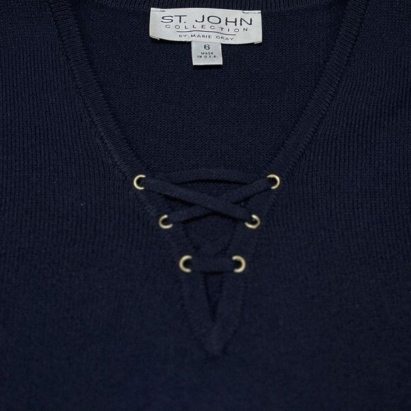Vintage ST. JOHN by Marie Gray Y2K Lace-up Grommet Knit Navy 3/4Sleeve Sweater 6 - Picture 3 of 9